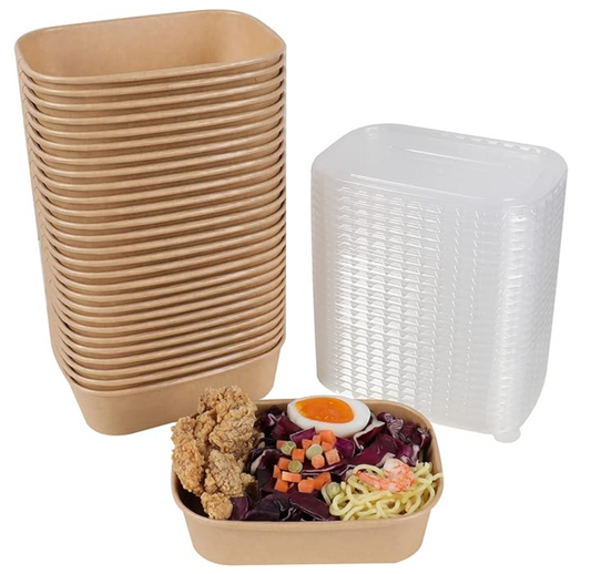 Disposable Kraft Paper Meal Prep Bowls With Lids | Rectangle Food Containers | 17 oz | 50 Pack