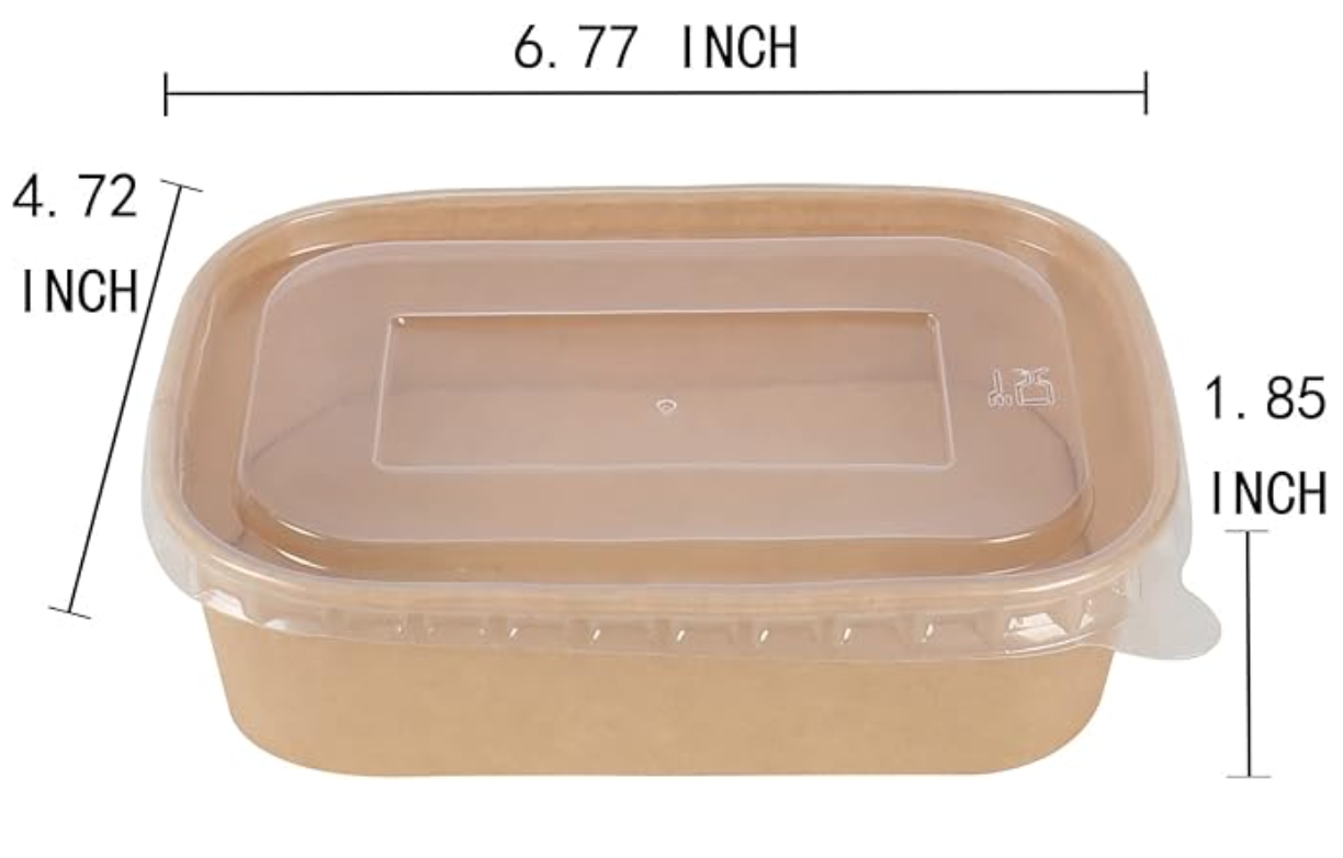 Disposable Kraft Paper Meal Prep Bowls With Lids | Rectangle Food Containers | 17 oz | 50 Pack