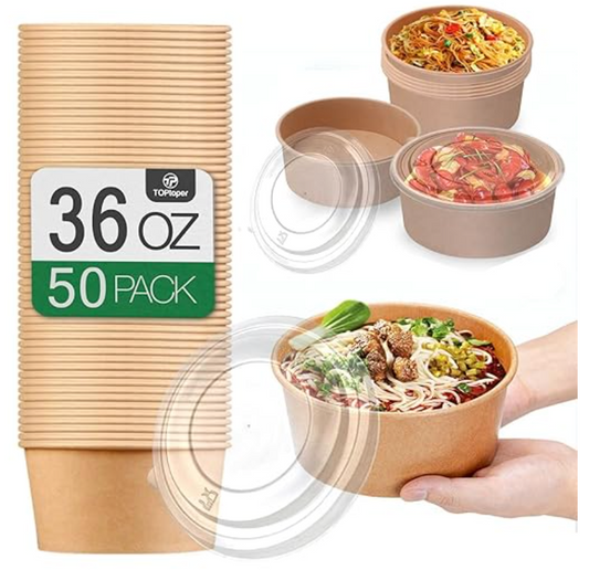 36Oz Large Paper Bowls with Lids, Disposable Round Meal Prep Serving Bowls Bulk for Hot/Cold Food, Soup (36 OZ) 50Pcs