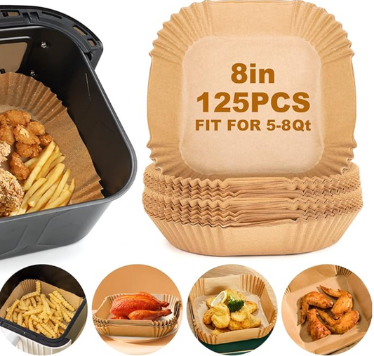 Air Fryer Paper Liners, 125Pcs Parchment Paper, Disposable & Microwave Safe, Non-Stick Air Fryer Liners Square Free of Bleach (8IN)